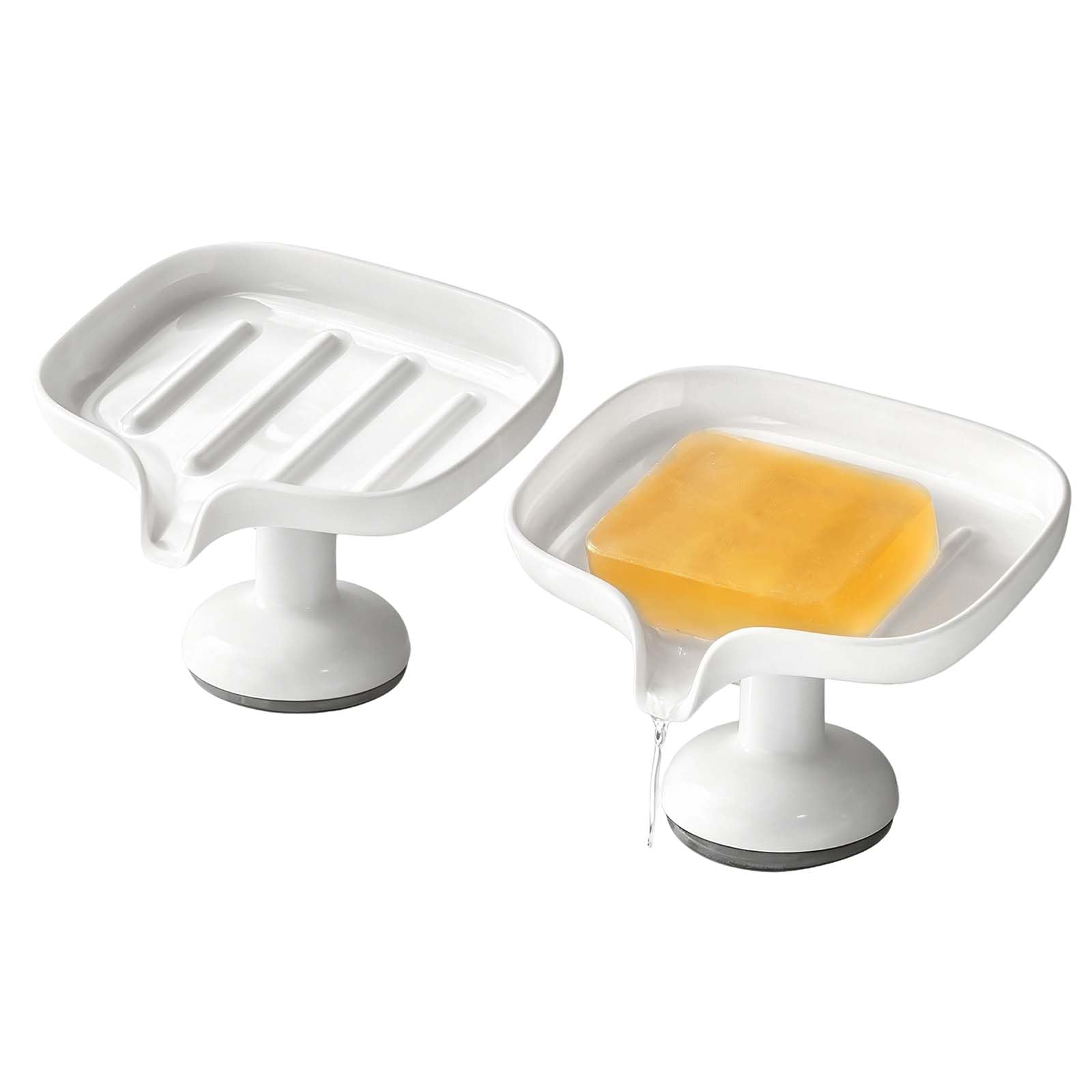 Solvio 2Pcs Soap Dish with Drainage, Suction Soap Holder for Shower and Bathroom, 15-Degree Angled Self Draining Soap Tray, Durable Plastic Bar Soap Holder for Kitchen Sink and Countertop, White