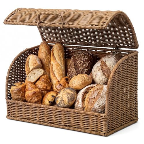 SiliFine Large Rattan Bread Box for Kitchen Countertop, 15" x 7.5" x 8.3"
