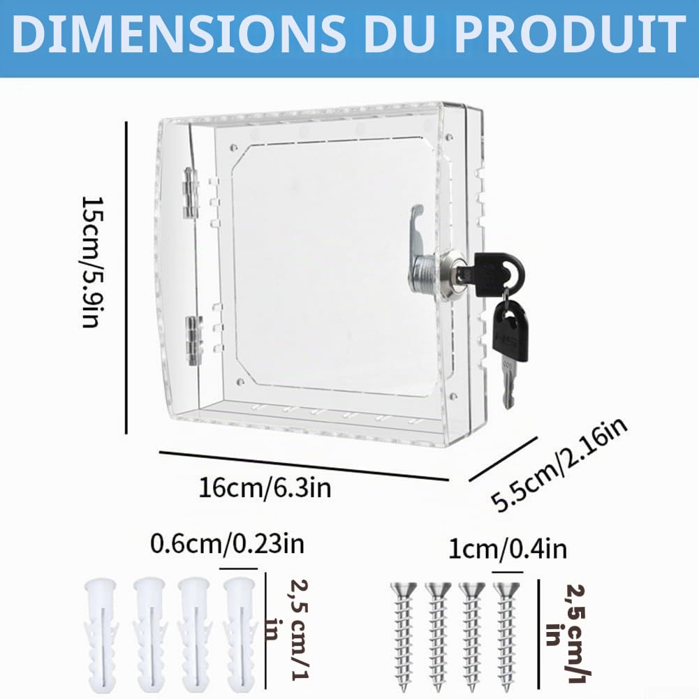 Boîtier de verrouillage pour thermostat avec 2 clés, boîte de protection thermostatique transparente, 16 x 15 x 6 cm, boîte murale pour thermostat, pour restaurants, écoles