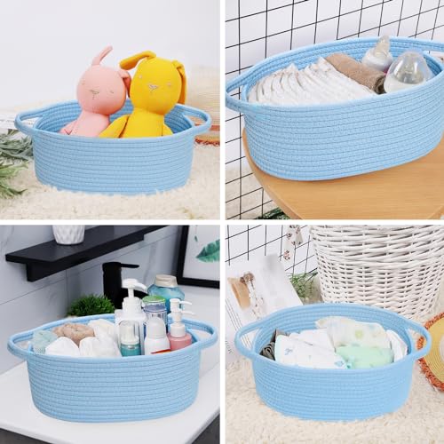Image of ABenkle Small Basket with Handles, Boho Decorative Rope Woven Dog Cat Toy Storage Bin Shelf Storage Organizer, Easter Christmas Gift Basket, 12 inchx8 inchx5 inch, Blue