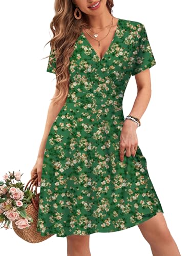 Image of MSBASIC Womens Summer Wrap V Neck Casual Dresses Floral Short Sleeve A-Line Midi Sundress