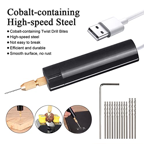 Mini Micro Electric Hand Drill for Resin Crafts, Portable 0.7-1.2mm Electrical Pin Vise Kit USB Handheld Electric Drill Set- Aluminum Manual Micro Drill for DIY/ Jewelry Making, with 15pcs Drill Bits