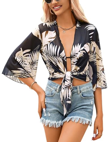 Image of Totatuit Women's Short Cardigan Bolero Sheer Shrug Tie Open Front Bell Sleeve Summer Cropped Bolero Cardigan