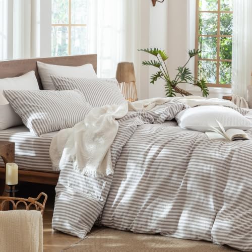 Image of MooMee Striped Duvet Cover Set 100% Washed Cotton Linen Like King | Relaxed Linen-like Texture. Soft, Breathable & Long-lasting Comfort. Lightweight. Hidden Zipper with 8 Interior Corner Ties