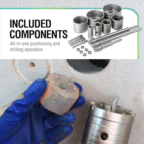 Image of BINOTA 20PCS 30-110 mm (1-3 /16 inch to 4-5 /16 inch) Concrete Hole Saw Kit | Tungsten carbide drill set; SDS-Plus & SDS-Max shanks; Cross-type center drill bit; Dry drilling for concrete /brick /stone