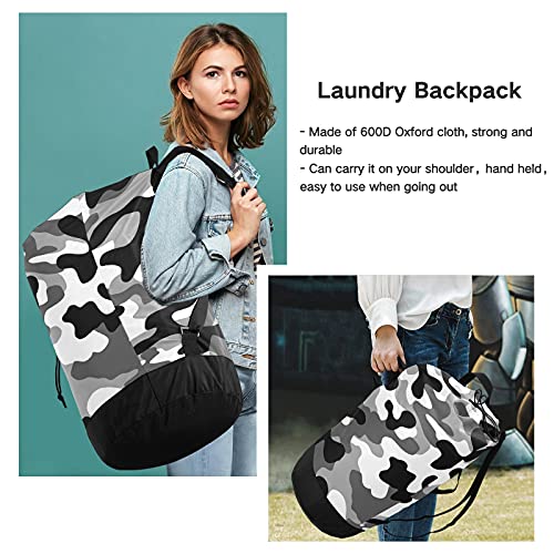Black White Camouflage Army Laundry Bag Large Heavy Duty Laundry Backpack With Adjustable Shoulder Straps Laundry Backpack For Traveling Dirty Clothes Organizer For College Students Waterproof #TOP5