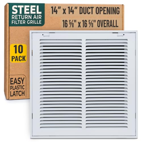 [10 Pack] Fits 14x14 Duct Opening | Steel Return Air Filter Grille by Handua [Removable Door] for 1-inch Filters | Vent Cover Grill | White | Easy-to-Use Plastic Latches | Out Dim: 16 5/8"W X 15 5/8"H