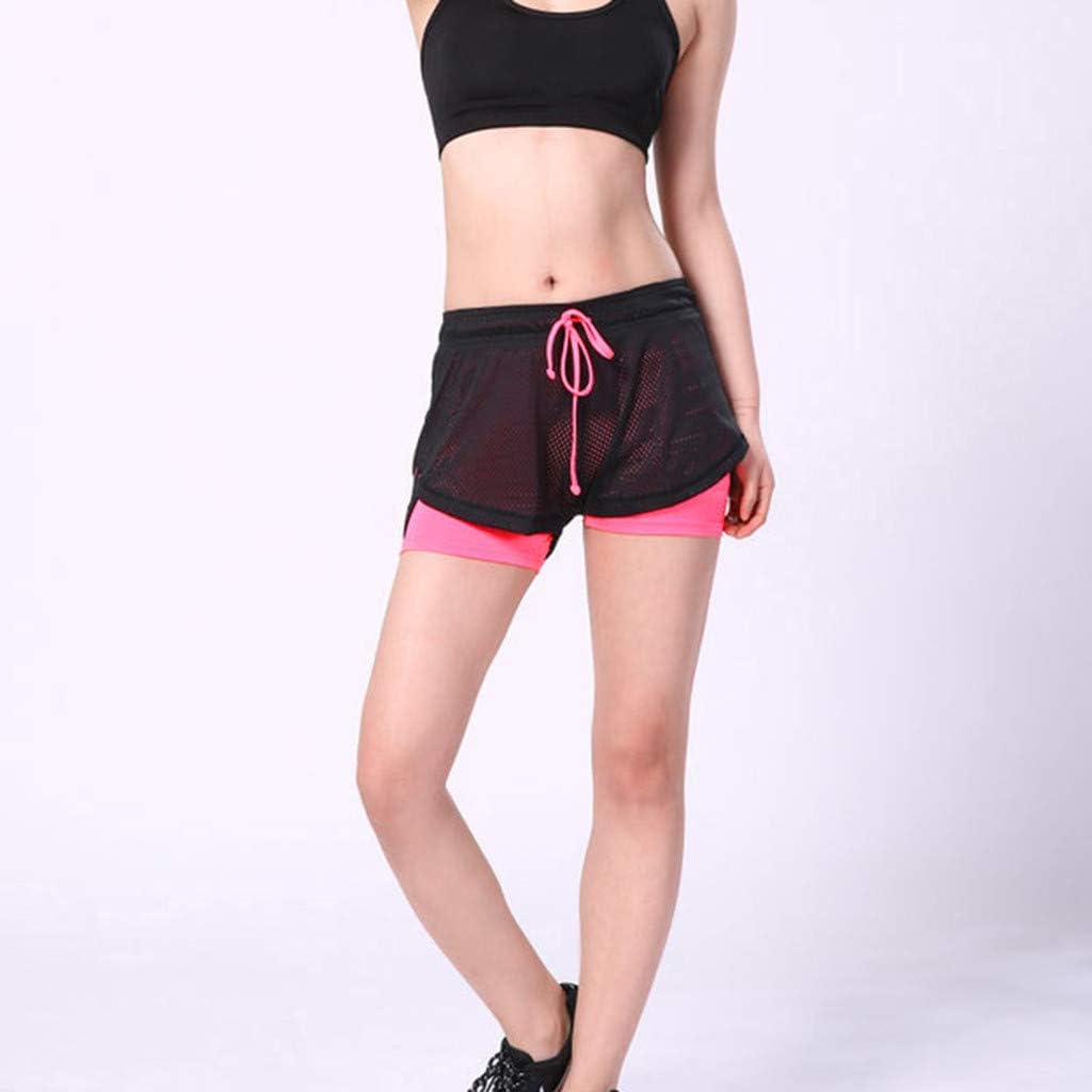 JOFOW Womens Sports Shorts Fake 2PC Solid Mesh Breathable Quick Dry Mini Pants