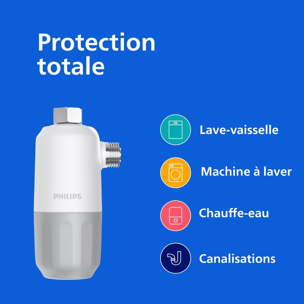 Inhibiteur de calcaire Philips Water, filtration en 3 étapes, capacité de filtration de 27 000 litres, protège votre lave-linge, votre lave-vaisselle et votre chauffe-eau