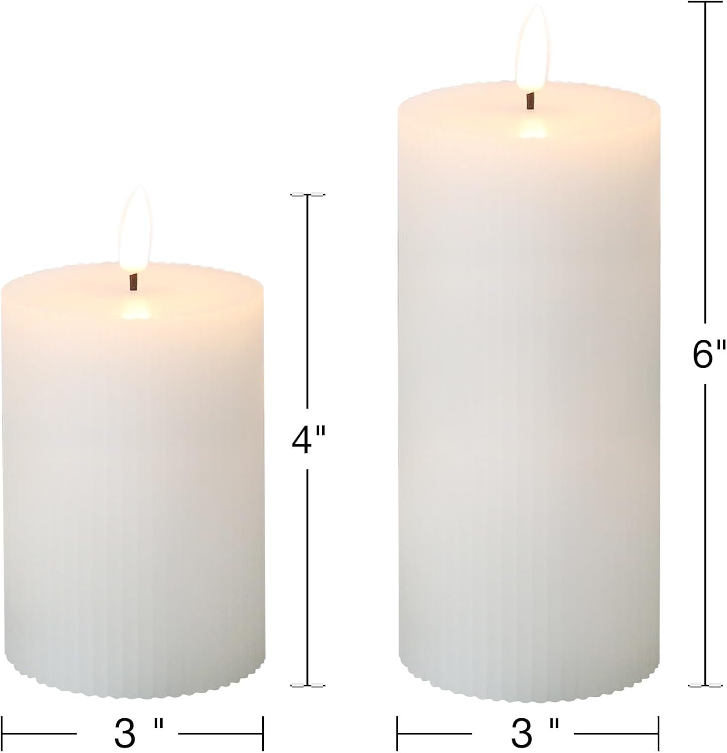 White Ribbed Flameless Pillar Candles with Remote, Flickering LED Wax Candles Battery Operated Set of 2