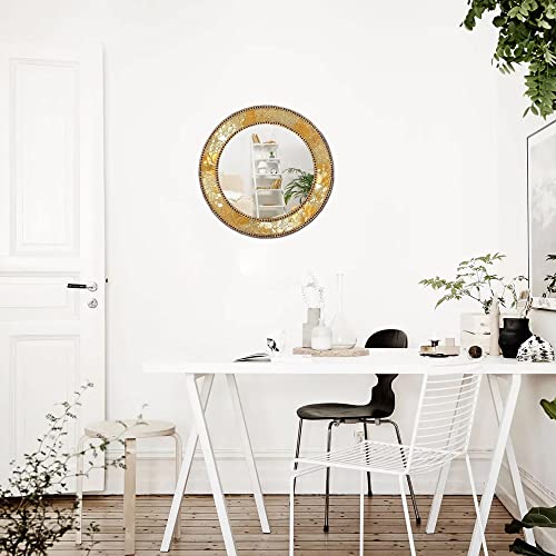 Decorshore 24" Gold & Citrine, Round Wall Mirror, Crackled Glass Mosaic, Decorative Design By #TOP4