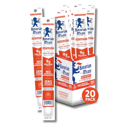 Bavarian Meats Hot & Spicy Lil' Landjaeger Meat Sticks, Individually Wrapped Smoked Sausage Snacks, Zero Sugar, Great Source of Protein, Gluten Free, Keto Friendly Low Carb Snack, 1 Ounce (Pack of 20)
