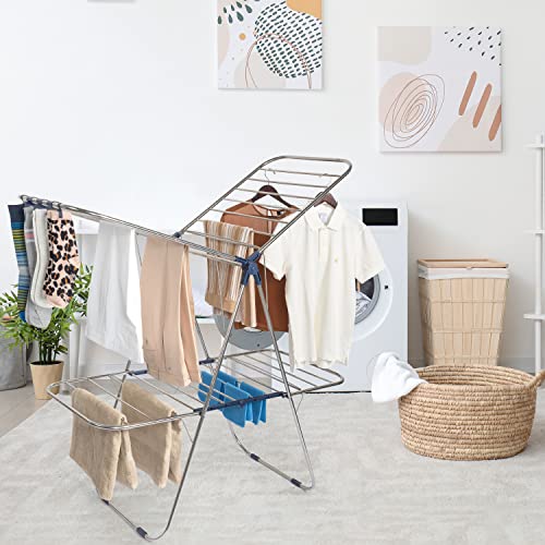 Luxe Laundry Premium Clothes Drying Rack, Foldable 2-Layer Stainless Steel Drying Rack, Free Standing With Height Adjustable Wings, Stainless Steel, Sock Clips, Towel Rack, Clothes, Blue #TOP3
