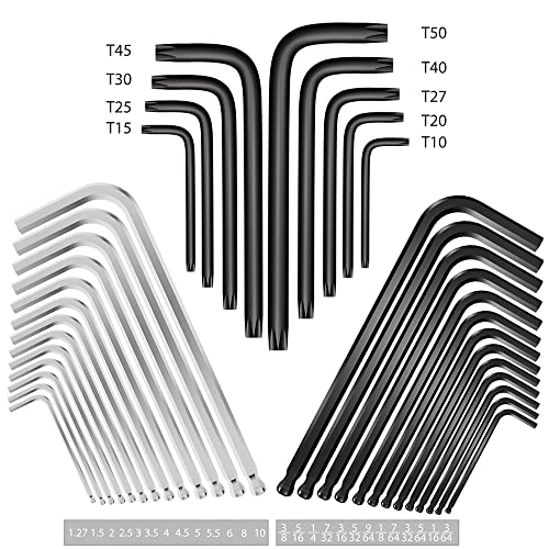 Allen Wrench Set, 36 Pieces Of Hex Key Set, Long Arm Ball End Hex Wrench Set, Inch 13Pcs (3/64-3/8 Inch)/ Metric 13Pcs (1.27-10Mm) /T Handle 9Pcs (T10-T50) For Diy, Electrical Engineering Etc #TOP1