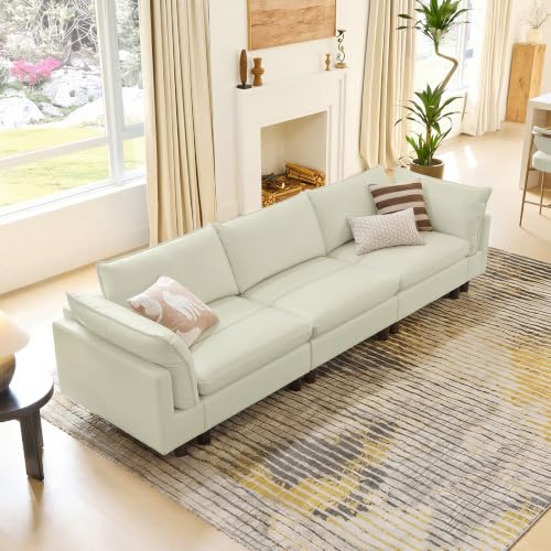 Image of CHITA 127 inch Leather Super Large Sectional Couches for Living Room, Modular Sofa, Premium Genuine Leather Sofa, Down Filled, High Density Foam, Real Leather in Cream, 3 Seater