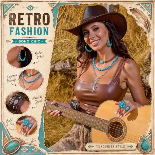 Image of Ecally Bohemian Western Jewelry Turquoise Set Women Country Pendant Long Choker Layered Bracelets Earrings Ring for Women