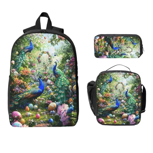 Easter Peacock Backpacks 3 Pcs Multifunction High capacity Travel Backpack with Fun Graphic Cartoon Print for Outdoor Hiking and Travel