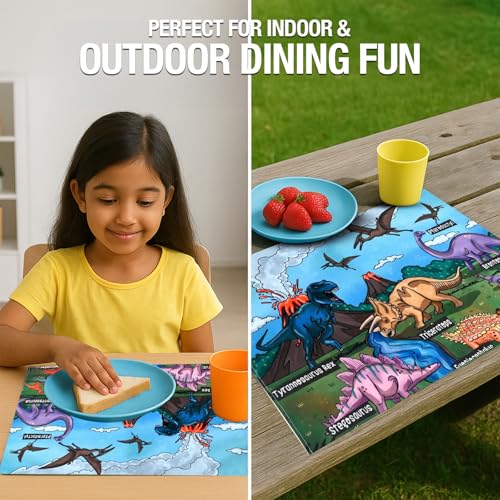 Image of Dining Table Mats Set of 2 - Dinosaur Kids Theme,Digital Print, Washable, Indoor /Outdoor, Heat-Proof, Water Resistant, Wipe & Clean (47X33 cm) Green & Multi
