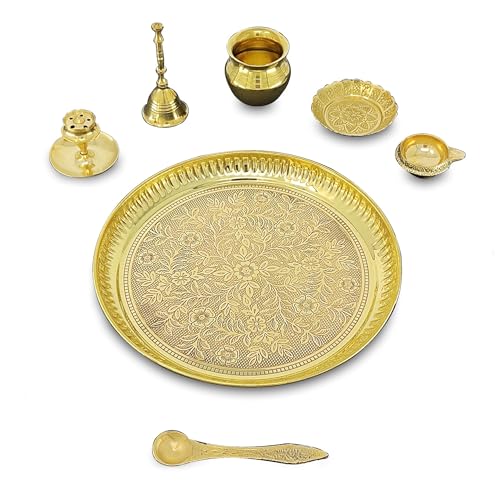 Image of BENGALEN Brass Pooja Thali Set 8 Inch Puja Thali with Pital Designed Plate Kalash Kangura Plate Dhup Dan Kuber Diya Ghanti Palli for Diwali Home Office Mandir Wedding Return Gift Items