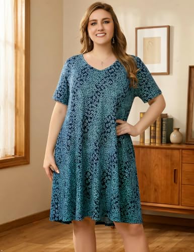Image of OVERWORETY Womens Short Sleeve Plus Size T-Shirt Dress V Neck Casual Loose Swing A-Line Summer Tunic Dresses with Pockets