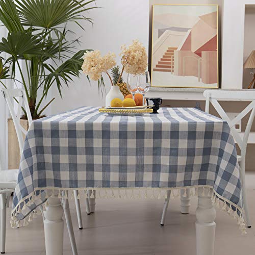 Midsummer Breeze Checkered Rectangle Tablecloth, Heavy Weight Wrinkle Free Cotton Linen Table Cloth Plaid Table Cover For Spring Summer Picnic Kitchen Dinner Restaurant Outdoor Party（55X70,Blue #TOP6