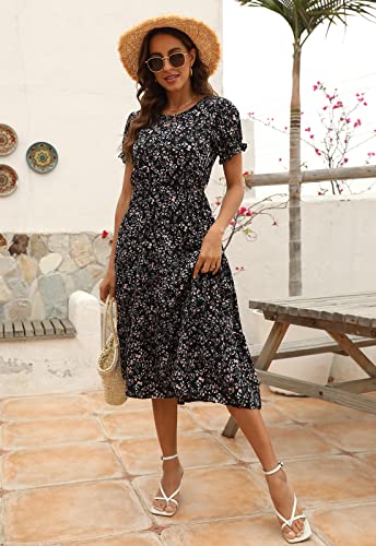 NAVINS Women Floral Print Puff Sleeve Tiered A-Line Swing Midi Dress with Pockets NA10024