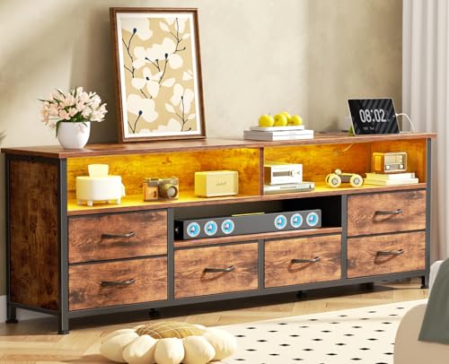 Image of Furologee TV Stand for Bedroom, 63 Inch Entertainment Center for 65 70 Inch TVs, 6 Drawers Dresser with Power Outlets and LED Lights, Media Console for Living Room, Rustic Brown