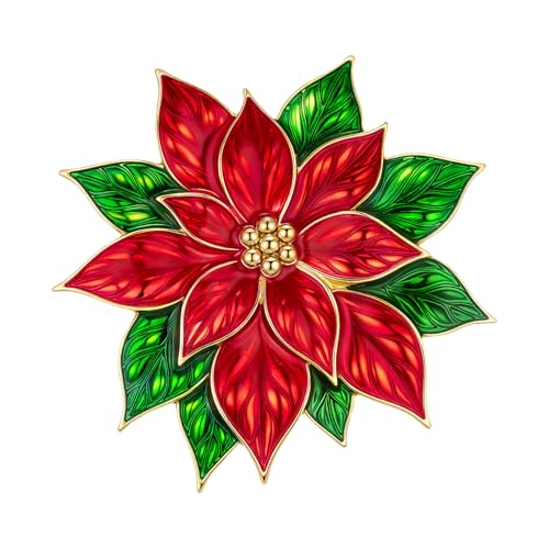 Christmas Poinsettia Pins and Brooches for Women Large Enamel Flower Pins with Green Leaves Holiday Brooch Xmas Gifts/Stocking Stuffers/Party Favors/Scarf Decor FLB01D