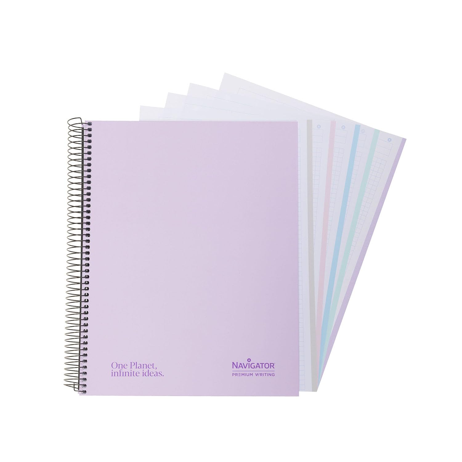 Navigator Carnet A4 + quadrillé 5 x 5 | Couvercle extrudé | Lavande | Bord 5 couleurs | Papier 80 g | 120 feuilles microperforées 4 perceuses | Spirale Fermeture Coil-Lock | Papier Premium Writing