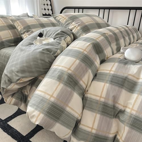 Image of Plaid Full Size Comforter Set Geometric Plaid Grid Comforter Set Fluffy Soft Microfiber Bedding Comforter Farmhouse Checkered Comforter Set for All Season 3 Piece Plaid Bedding Comforter Set Full Size