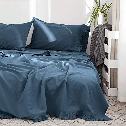 Simple&Opulence Belgian Linen Sheet Set with Ruffles - Queen Size - 4 Pieces (1 Flat Sheet & 1 Fitted Sheet & 2 Pillowcases) Natural Flax Cotton Blend Soft Bedding Breathable Farmhouse - Navy Blue - Thumbnail 5