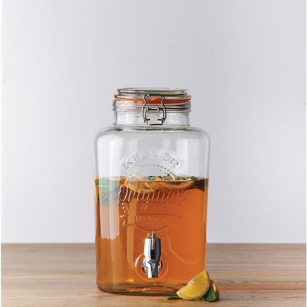 KILNER ROUND Getränkespender mit Zapfhahn | 8 Liter, H: 32 Ø 18 cm | Bügelverschlusses aus Edelstahl | Hochwertiger, tropfsicherer Getränkespender Zapfhahn | Einfaches Nachfüllen | Getränkefass, Glas mit Edelstahl-Bügelverschluss, für Partys und Alltag, s