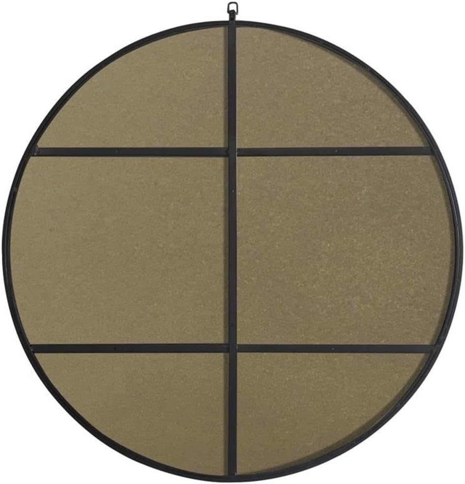 Pemberly Row 48" Round Metal Frame Mirror, Black Finish, Glass and Wood Construction, Contemporary Minimalist Design, Decorative Top Hook, Living Room, Office, Bedroom, Entryway, or Bathroom Decor