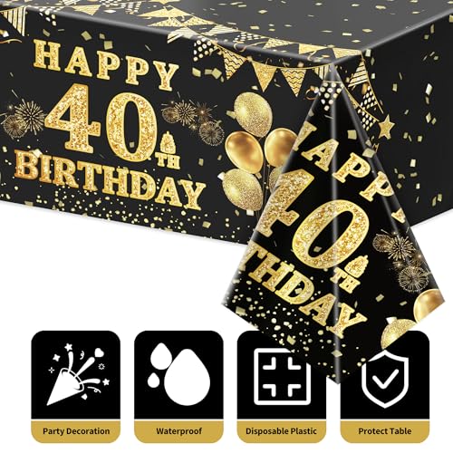 Image of Labeol 3 Pack 40th Birthday Tablecloth, Black and Gold Happy 40th Birthday Decorations, Disposable Plastic Rectangular Table Cover Party Supplies for Men Women