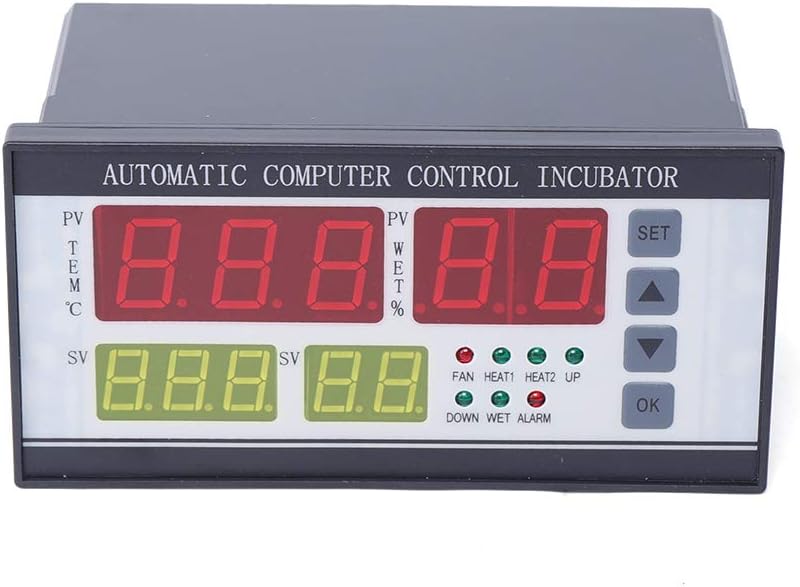 Front view of the GDAE10 XM-18 Incubator Controller showing digital display and control buttons.