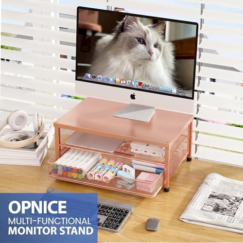 Image of OPNICE Computer Monitor Stand Riser, Desk Organizer with Drawer, Printer & Laptop Stand, Office Desk Accessories & Workspace Desktop Organizers Storage for Office Supplies(Rose Gold)