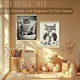QEJ Black and White Tabby Cat Bathroom Wall Art Decor, Cat Bathroom Decor, Funny Kitten on Toilet Canvas Poster Wall Decorations for Toilet Washroom Restroom, 12x16 Inch Set of 2