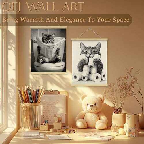 QEJ Black and White Tabby Cat Bathroom Wall Art Decor, Cat Bathroom Decor, Funny Kitten on Toilet Canvas Poster Wall Decorations for Toilet Washroom Restroom, 12x16 Inch Set of 2