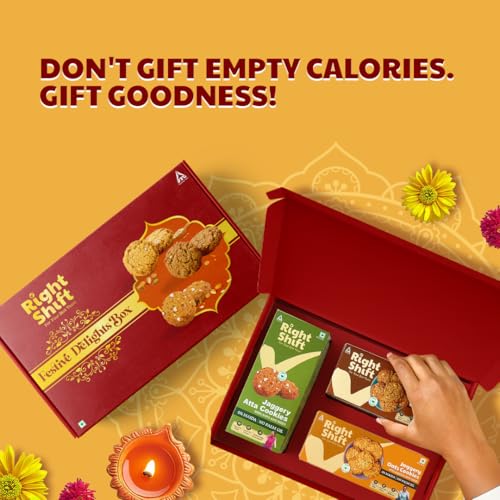 Image of Right Shift Festive Delights Box | 0% Maida, No Palm Oil, 0% Refined Sugar| Pack of 3 Jaggery Cookies | Diwali Gift for family, friends and employees | Corporate Gifting | Healthy Treats | Luxury Hamper,320 g