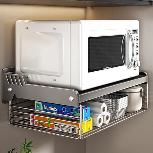 BAKENLON Support mural pour micro-ondes, support mural pour micro-ondes avec panier de rangement, support à 2 niveaux en acier carbone, pour four à grill, four