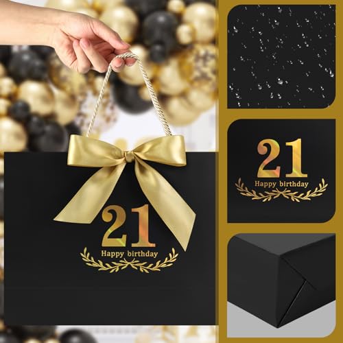 Image of JMANNI Black Gold 21st Birthday Gift Bag with Card and Tissue Paper, 14.2 inchx9.84 inchx4.3 inch Large Present Bag for Adults, 21 Year Old Birthday Keepsake Party Supplies