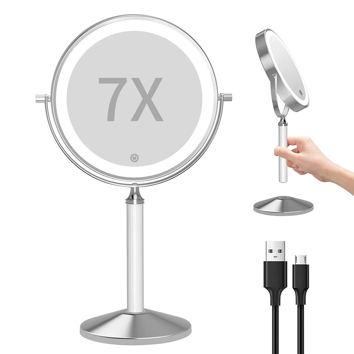 Lighted Makeup Mirror with Magnification, 1X 7X Magnifying Mirror with Light, 8'' HD Double Sided Tabletop Vanity Mirror, Rechargeable 3 Color LED Dimmable Desk Lit Cosmetic Mirror, Girl Women Gifts