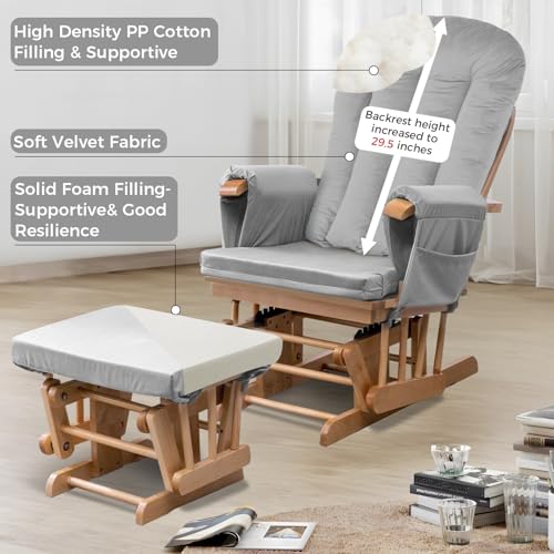 Image of Lucky Monet 5PCS Velvet Glider Rocker Replacement Cushions, Thickened & Supportive Rocking Chair Cushion Set with 29.5 Inch High Backrest & Storage Pockets, for Indoor Nursery Glider, Grey