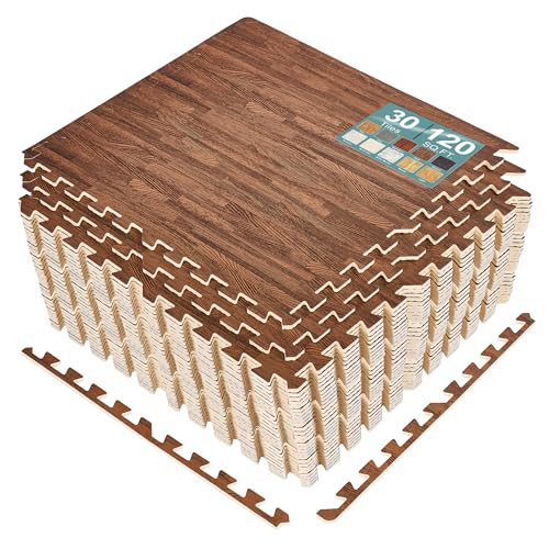 Sorbus 120 Sq. Ft. Wood Grain Floor Tiles Foam Mat EVA Interlocking Mats Tile 3/8-Inch Thick Flooring Wood Puzzle Exercise Mats w/Borders - Home Playroom Basement Apartment Trade Show Baby Dance