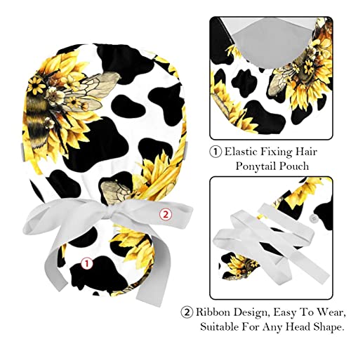Image of 2 PCS Bouffant Cap with Button Ponytail Pouch Working Cap Sweatband Adjustable Surgical Cap Black and White Cow