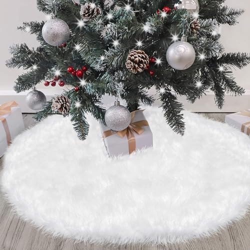tiosggd White Fur Christmas Tree Skirt, 30 inch Small Furry Snow White Christmas Decorations Ornaments for Pencil Slim 4 Ft Tree, Soft Fluffy Faux Fur Tree Rug for Winter Wonderland New Year Decor