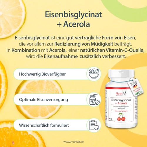 Eisenbisglycinat + Acerola - mit 40mg Eisen & 160mg Acerola pro Tablette - 120 Tabletten - Hochdosiert - 100% Vegan – Deutsche Produktion & Laborprüfung - NutriFair | Premium & Fair – Bild 5