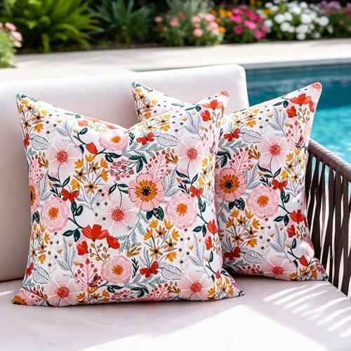 Outdoor Throw Pillow Covers 20x20 Inch Waterproof Decorative Pillow Covers Floral White Square Garden Cushion Sham Pillowcase Set of 2 Outside Decor for Patio Tent Garden Summer Sofa Pillow Cases