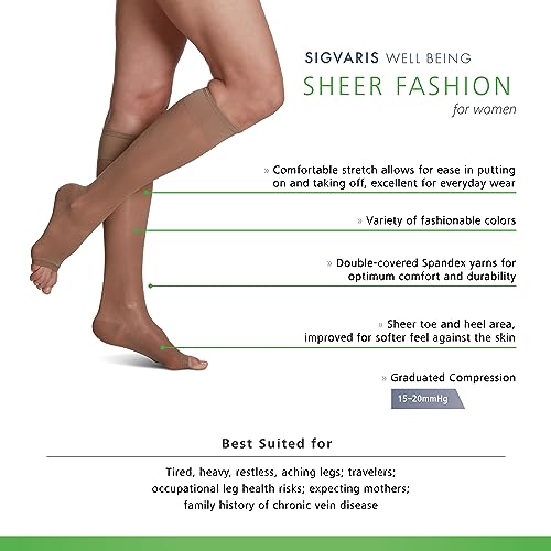 Image of SIGVARIS Women's Sheer Fashion Open Toe Calf Height - 15-20mmHg Weight Compression Hose - Lightweight & Breathable in Soft Stretch Fabric for Comfortable Everyday Wear