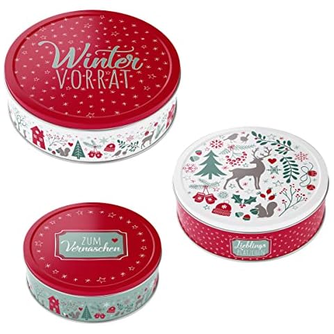 Spetebo Metall Gebäckdose 3er Set - WINTER VORRAT - Runde Keksdosen mit winterlichen Motiven - Plätzchen Keks Gebäck Vorrats Dose ineinander stapelbar Cover